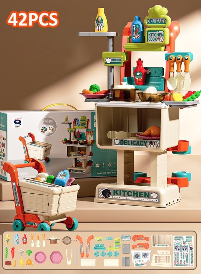 aoduoyaya 42PCS Children's kitchen toy sets, Simulated kitchen toys, Simulated cooking toys, DIY kitchen stove, Children's shopping cart toys, There are realistic lights and sounds, Scenario simulation - Image 1